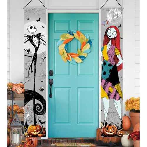 Jack Skellington Sally Banner Nightmare Before Christmas Halloween Decorations Porch Door Sign Welcome Banner Indoor Outdoor Wall Home Party Supplies
