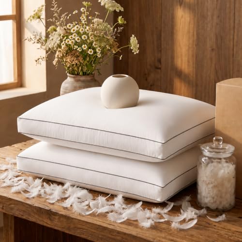 ELNIDO QUEEN King Size Goose Feather Down Fiber Pillow Set of 2 – Luxury Hotel Collection, Soft & Fluffy Support for Side & Back Sleepers 20x36 in