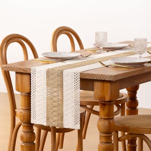 DeZerlor Ivory & Burlap Brown Farmhouse Table Runner 12x48 Inch Woven Dining Decor