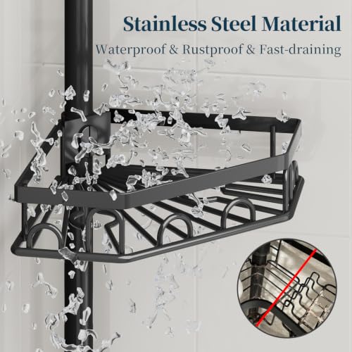 Consumest Black Tension Pole Shower Caddy - 4 Tier Corner Shelves with Brush & Soap Holder, Rustproof Stainless Steel, Adjustable 27.6-108.3 Inches