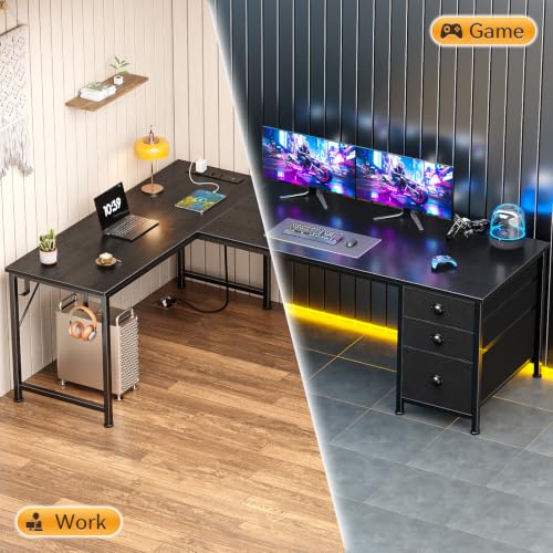 Furologee 63-Inch L Shaped Corner Desk with Outlets - Black