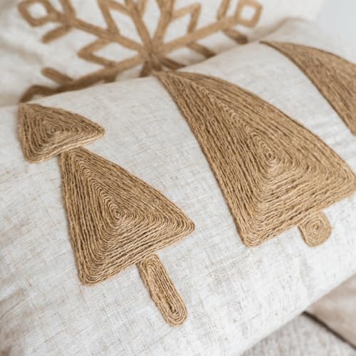 VANNCIO 20x12 Inch Jute Embroidered Christmas Tree Lumbar Pillow Cover - Pack of 1