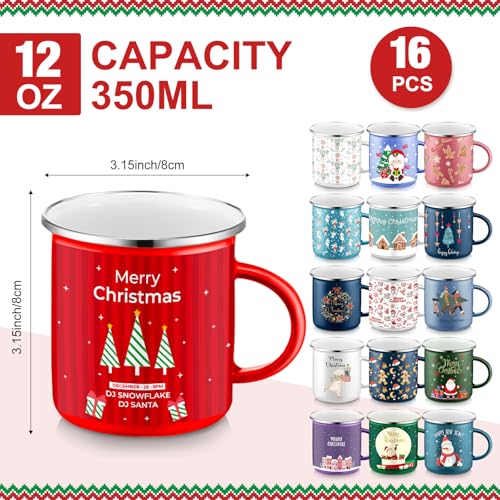 Sliner 16 Pack Christmas Enamel Coffee Mugs 12 oz Classic Style