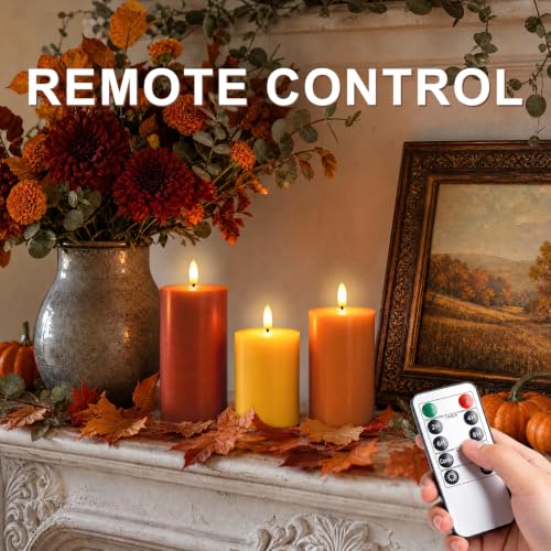 Fall Decor Flameless Pillar Candle Set - Autumn Colors, Real Wax, Safe Flicker
