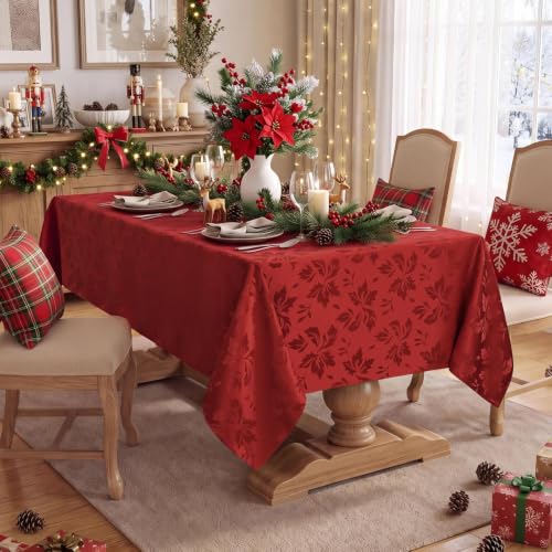 Romanstile Red Flower Jacquard Rectangular Tablecloth 60 x 120 Inch - Elegant Home Decor