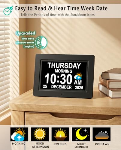 MASSII 27 Alarms Digital Talking Clock with Time Date Announcement, Auto DST, 20 Custom Reminders, 10-Level Dimmer, Sleep Trainer, Large Day Calendar Clock for Elderly Dementia Alzheimers -with Remote