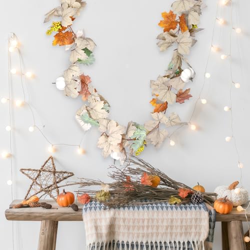 Fall Garland with Pumpkins and Berries ? 6ft Artificial Maple Leaf Garland with Cream and Orange Leaves for Thanksgiving, Fireplace, Front Door, Farmhouse Autumn Decorations
