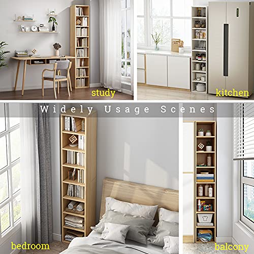IOTXY Narrow Corner Bookcase with Door - Oak 71" Tall Storage Cabinet