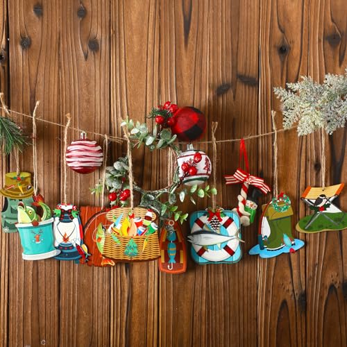 36 Pcs Fishing Christmas Ornaments—Wooden Fisherman Holiday Décor Set