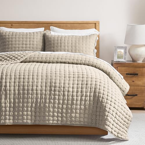 Oversized King Quilt Set - Deep Beige with White Cross Stitching, 116x106 inches, Microfiber