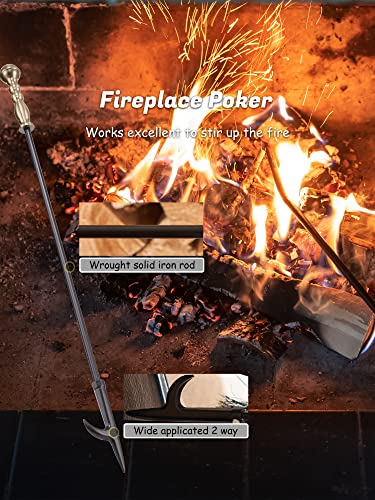 Fireplace Tools Set with Retro Gold Handles - 5-Piece Fireplace Accessory Kit