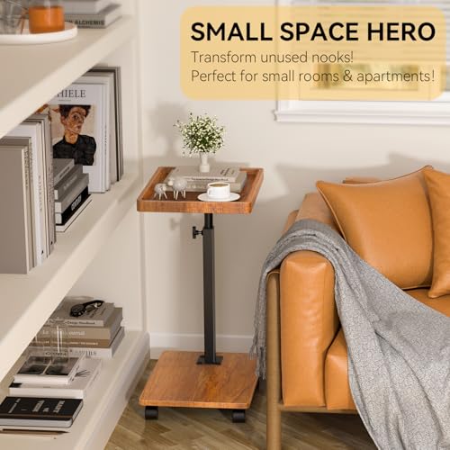 Adjustable Height Swivel C-Shaped Side Table with Wheels for Couch Bed or Living Room