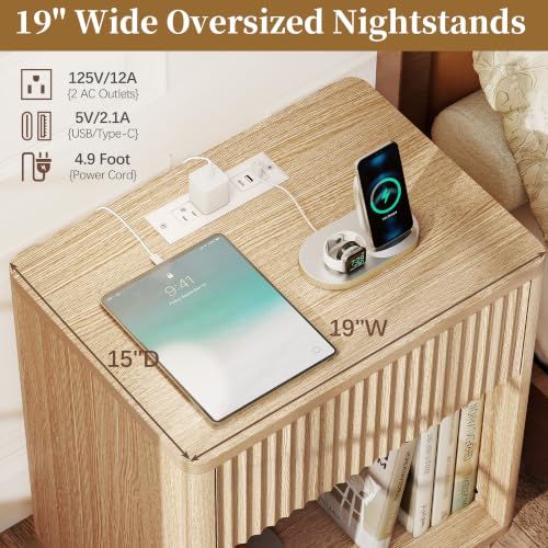 Oak Fluted Nightstand with Charging Station, 1 Drawer - Mid Century Modern Bedroom Furniture