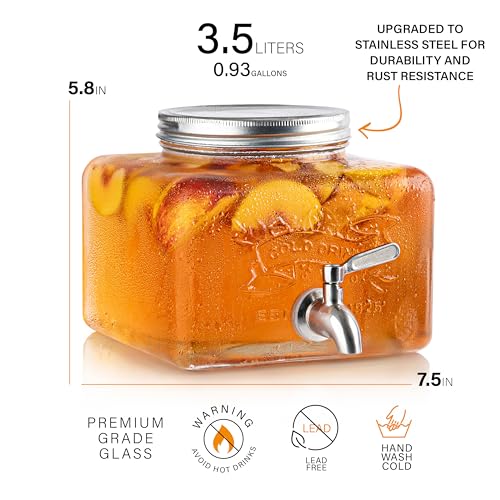 Glass Beverage Dispenser with Stainless Steel Spigot - 1 Gallon Mason Jar Style Drink Dispenser for Fridge & Outdoor Use