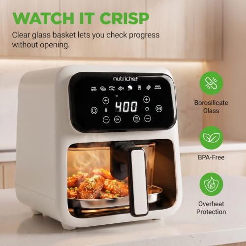 NutriChef 4.2QT Glass Air Fryer with 9 Preset Cooking Modes, Touchscreen, and Cool-Touch Handles