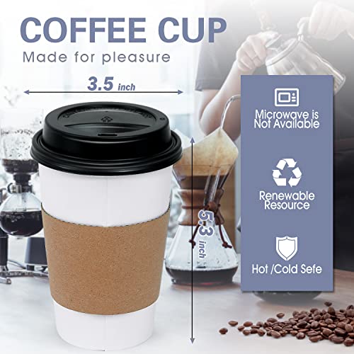 Ginkgo 16 oz Disposable Coffee Cups with Lids & Sleeves - 100 Pack