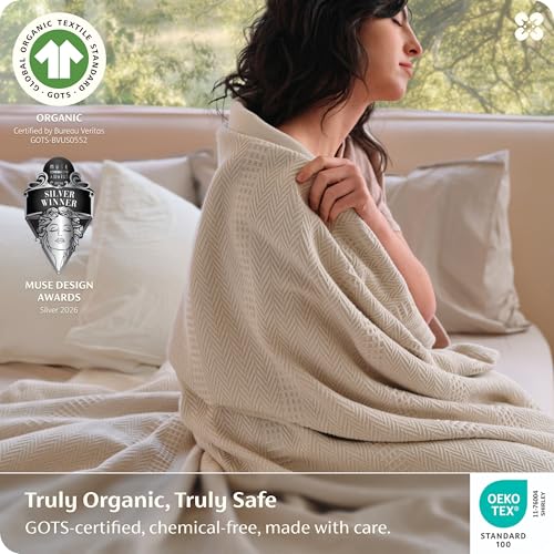 Bedsure Organic Cotton Waffle Bed Blanket Queen Warm Beige 90x90