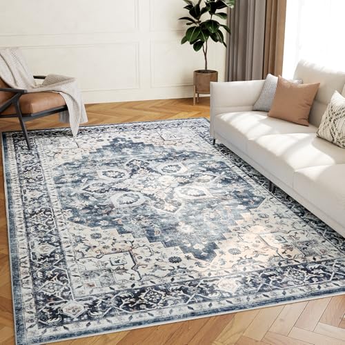 Amada 5x7 Blue Washable Area Rug - Vintage Pattern, Non-Slip, Durable