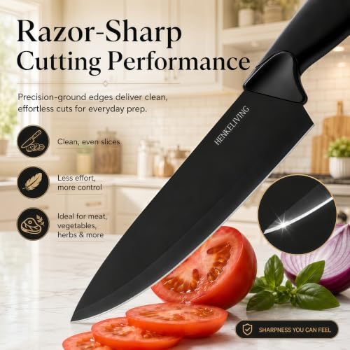 Black Kitchen Knife Block Set with Built-In Sharpener - 14 Pieces