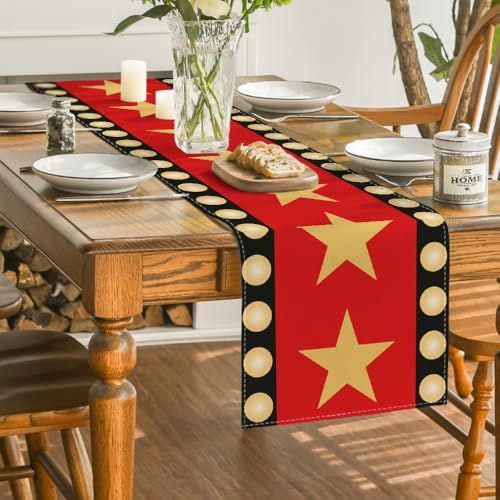 Artoid Mode Red Movie Theme Table Runner 13x72 Inch with Gold Star Design - Home Decor