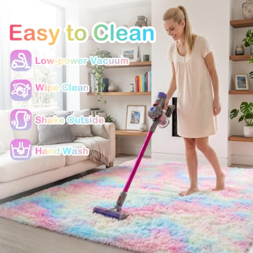 8x10 Rainbow Area Rug - Pastel Plush Carpet for Bedroom Girls - Non-Slip
