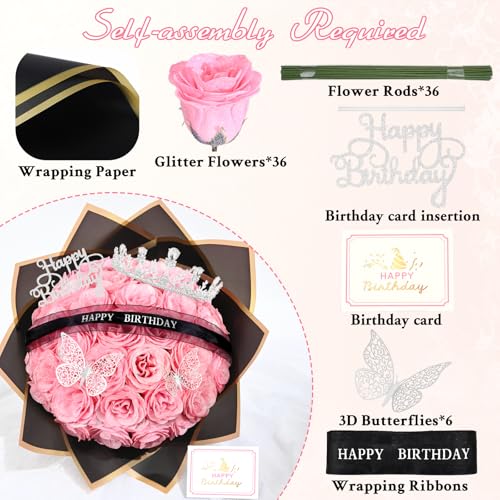 Pink Preserved Glitter Roses Bouquet - 36 Forever Flowers for Gift & Decor