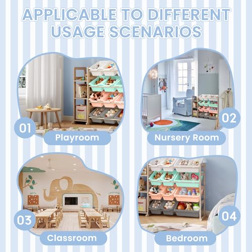 Kids Toy Storage Organizer with 3 Shelves & 12 Bins - Multi Color, Solid Pine Wood