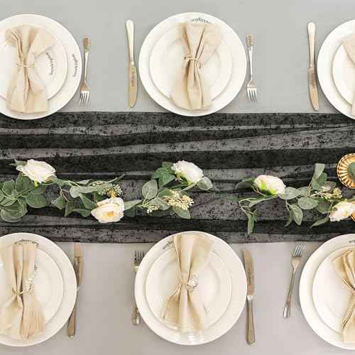 Snowkingdom Black Table Runner, 10FT Sheer Tulle Gauze Metallic Mesh Foil Table Decoration for Halloween, Thanksgiving, Party, and Christmas, Bridal, Baby Shower