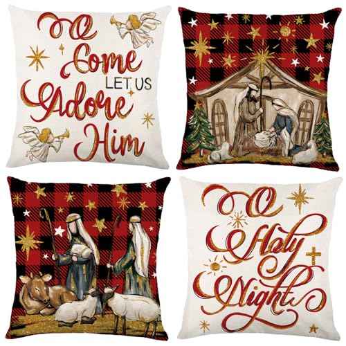 4pcs Christmas Pillow Covers 18x18in O Holy Night Jesus Buffalo Plaid Stars Throw Pillow Covers Xmas Winter Holiday Seasonal Cushion Case Decorations for Farmhouse Couch Sofa Home Decor