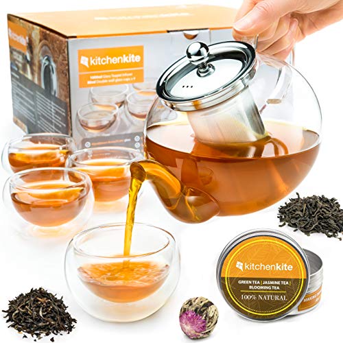 Glass Teapot Set with 4 Double Wall Tea Cups & Infuser – 35oz Borosilicate Stovetop Safe