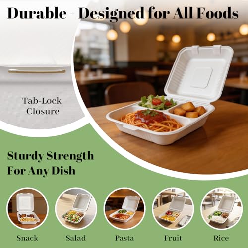 Lucklot 100 Pack 8x9 Inch Compostable Bagasse Food Containers - Eco-Friendly Takeout