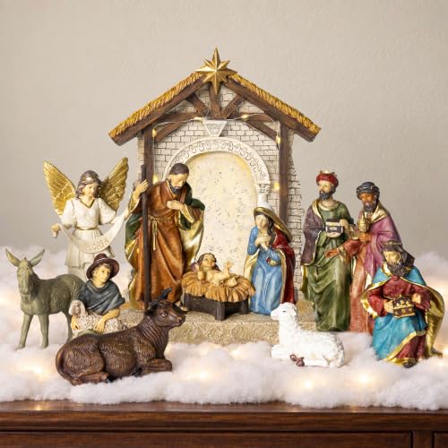 13-Piece Christmas Nativity Scene Set with Lighted Stable - Hand-Painted Religious Holiday Decor