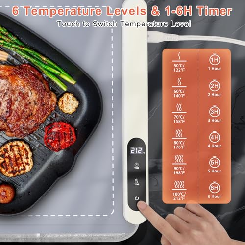 Gray 36x16 Inch Extra Large Food Warming Mat with Heat-Resistant Pad, 6 Temp Settings, 6H Timer, Portable Kitchen Warmer