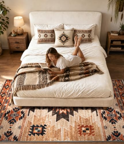 YIHOUSE 6x9 Terracotta Western Aztec Washable Area Rug for Living Room