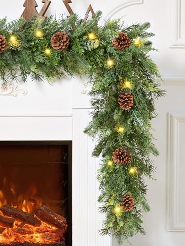 Waipfaru 2PCS 9FT Christmas Garland with Lights - Realistic Cedar & Pinecones Indoor Outdoor Decor