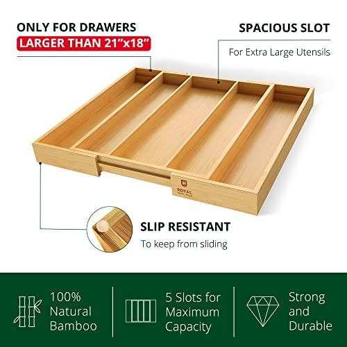 Natural Bamboo Kitchen Drawer Organizer - 5 Slot Silverware & Utensil Tray, Expandable, Durable