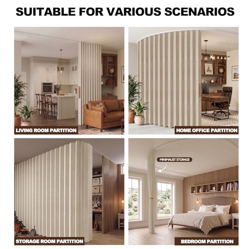Jilron Accordion Room Divider with Ceiling Track - Beige 180" W x 84" L, Retractable Partition
