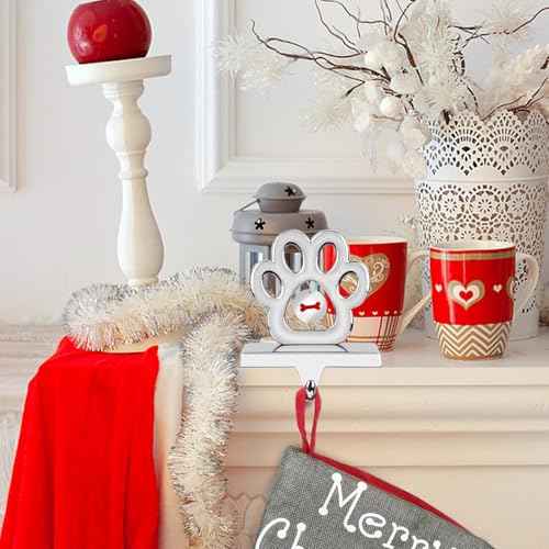 Hooqict Dog Paw Christmas Stocking Holder with Bone Pendant for Mantel 3D Silver Metal Mantel Stocking Holder Christmas Stocking Hanger for Christmas Fireplace Table Decorations