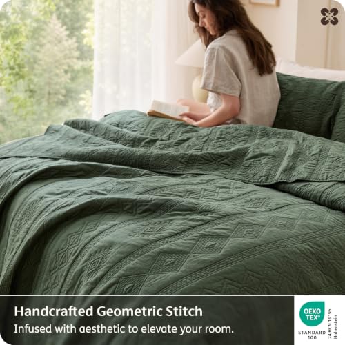 Cotton Quilt Set Queen - Olive Green, Tribal Geometry Pattern
