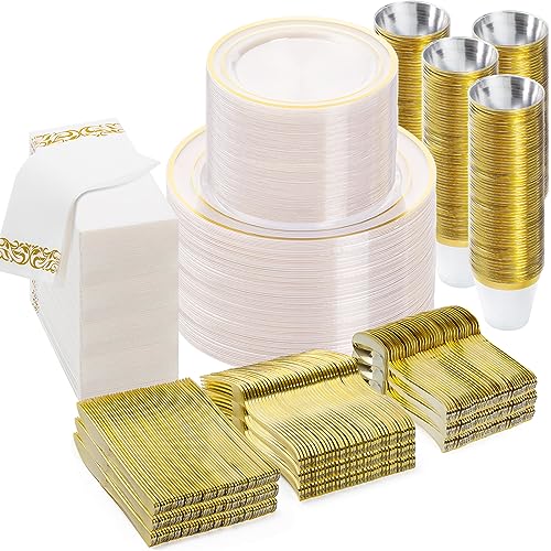 Clear Gold Disposable Dinnerware Set for 100 Guests - 700 Pieces