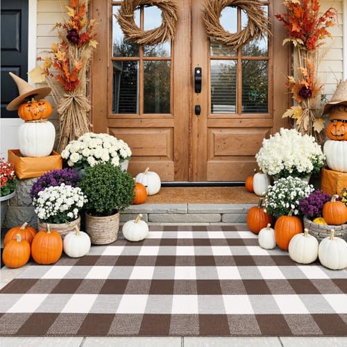 KIMODE 3x5 ft Buffalo Plaid Outdoor Front Door Mat - Farmhouse Welcome Rug, Reversible, Machine Washable, Coffee/White