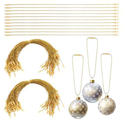 200 Pcs Gold Christmas Ornament Hanger String, Precut Metallic Ribbon for Christmas Tree Fastener Ornaments, Ornament String with Snap for Xmas Party Festivals