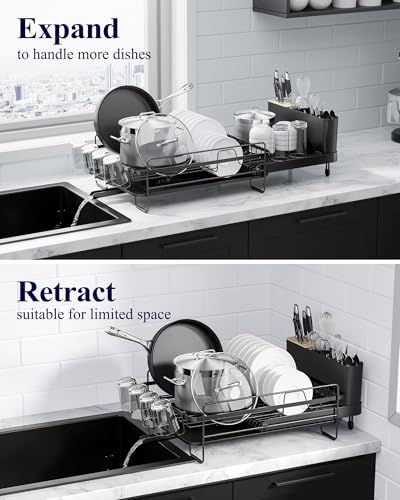 Extendable Dish Drying Rack Black - Adjustable Kitchen Drain Organizer with Cutlery & Cup Holders - Standard Variation