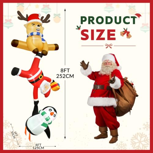 Joeyan 8ft Hanging Christmas Inflatable Santa with Reindeer & Penguin - Built-in LEDs, Roof, Balcony Decor (Variation: Santa & Reindeer Penguin)