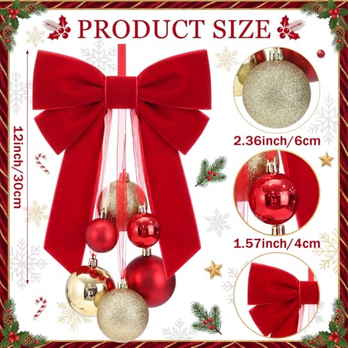 12-Inch Red Gold Christmas Ornament with Velvet Bow for Holiday Decor