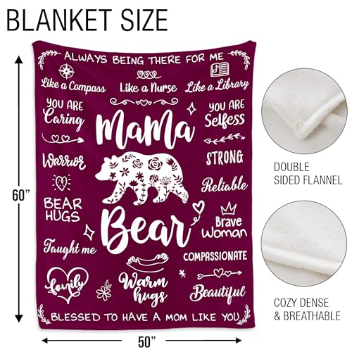 Mama Bear Blanket for Mom - Soft Flannel Gift from Daughter Son, Mother's Day, Birthday, Wives, 50x60 Inch with Loving Quotes