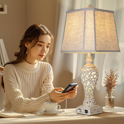 Cream Set of 2 28.5-Inch Farmhouse Bedside Table Lamps with Nightlight & USB Ports