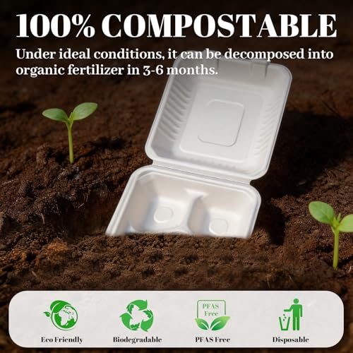 Lucklot 100 Pack 8x9 Inch Compostable Bagasse Food Containers - Eco-Friendly Takeout