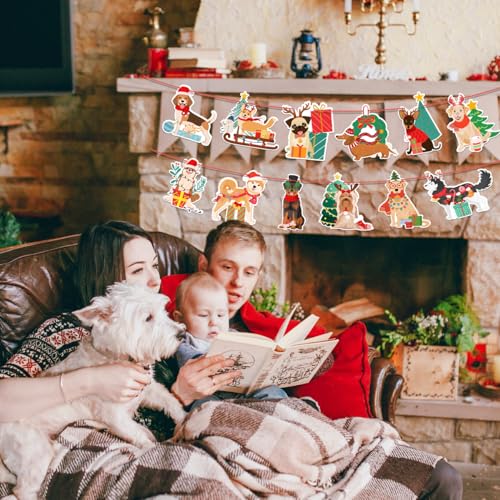 Cute Christmas Dog Puppy Reindeer Antlers Hanging Scarf Hat Banner for Xmas Birthday Holiday New Year Party Wall Home Office Decor