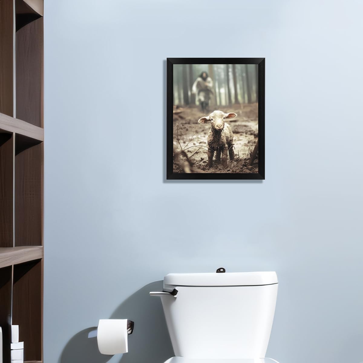TUXVAKY Framed Christian Wall Art - Jesus Running After Lost Lamb Canvas Decor | 8"x10" Inch